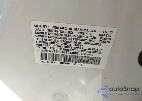 2016 Honda Pilot Elite z USA, uszkodzony, nr VIN 5FNYF6H01GB044898